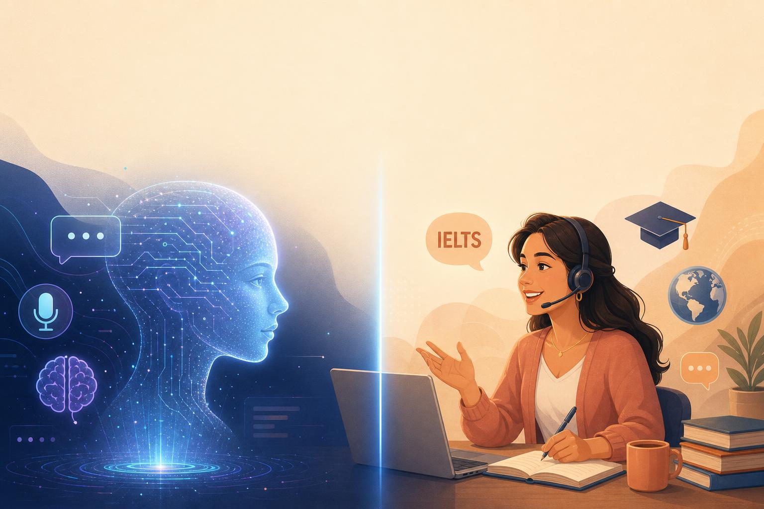 AI hologram tutor on the left, friendly human tutor with headset on the right