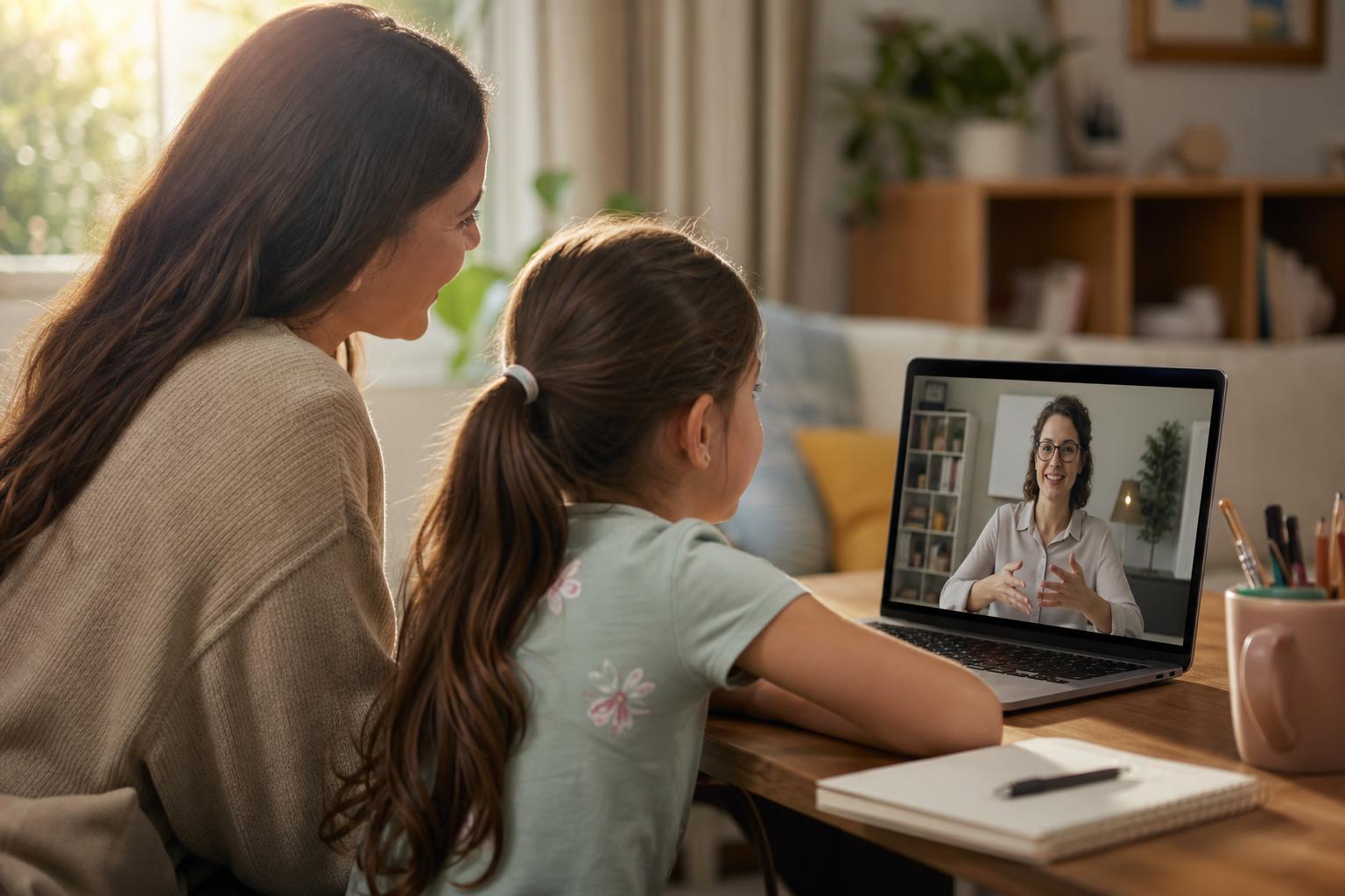 Parent and child looking at a laptop together during an online tutoring session in a warm home setting