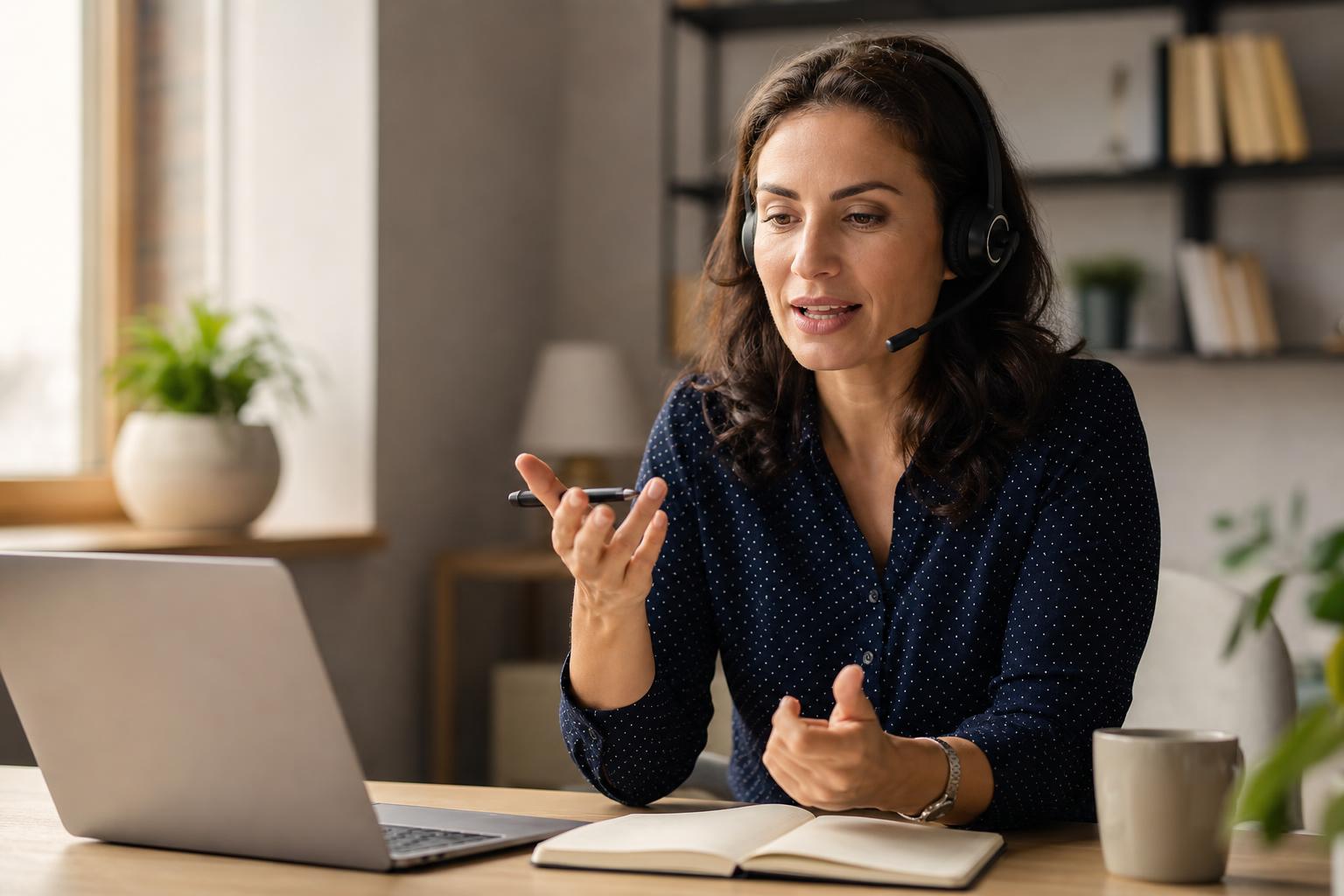 Adult learner practicing English speaking with a headset at a home desk, notebook open